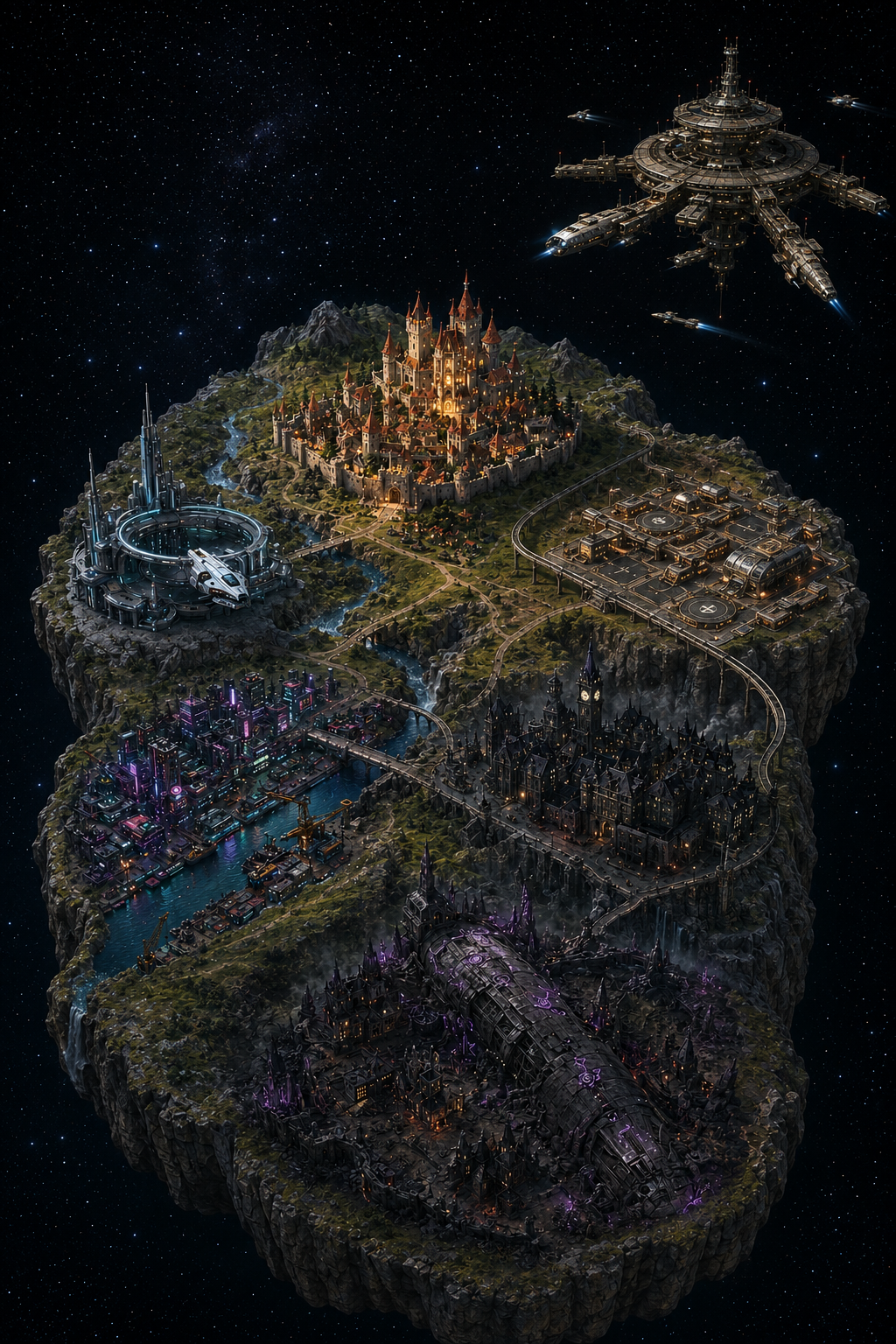 The Campaign Codex multiverse map: one floating island in space divided into six districts, one per game system — a fantasy castle-city, a space-opera spaceport, a retro-futurist frontier outpost, a neon waterfront metropolis, a gothic Victorian district, and a ruined city built into a crashed spacecraft.