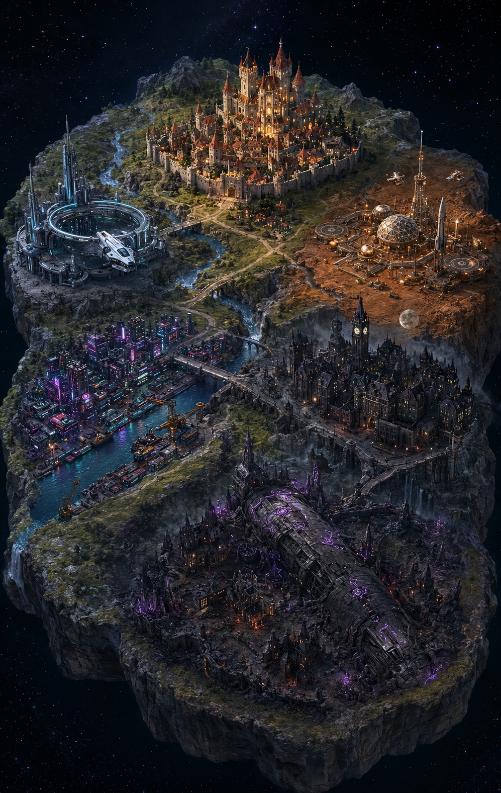 The Campaign Codex multiverse map: one floating island in space divided into six districts, one per game system — a fantasy castle-city, a space-opera spaceport, a retro-futurist frontier outpost, a neon waterfront metropolis, a gothic Victorian district, and a ruined city built into a crashed spacecraft.